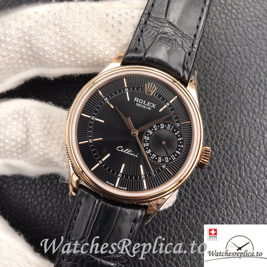 Swiss Rolex Cellini Replica Leather strap 39MM Black Dial Rose Gold - WatchesReplica.is