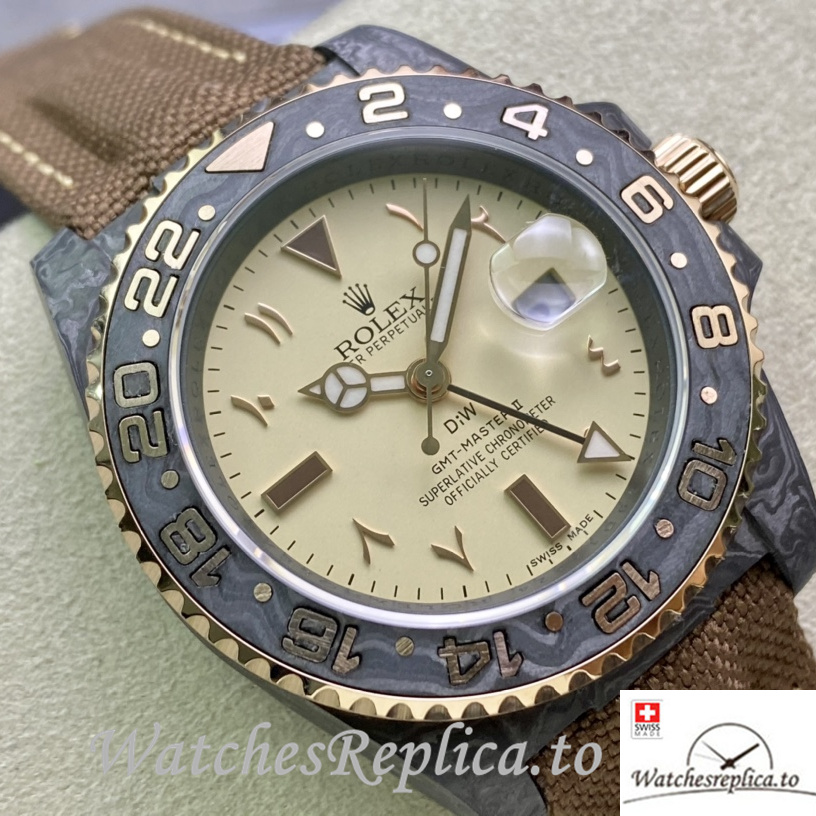 Swiss Rolex GMT Master Replica Brown Canvas strap 40MM Yellow Dial - WatchesReplica.is