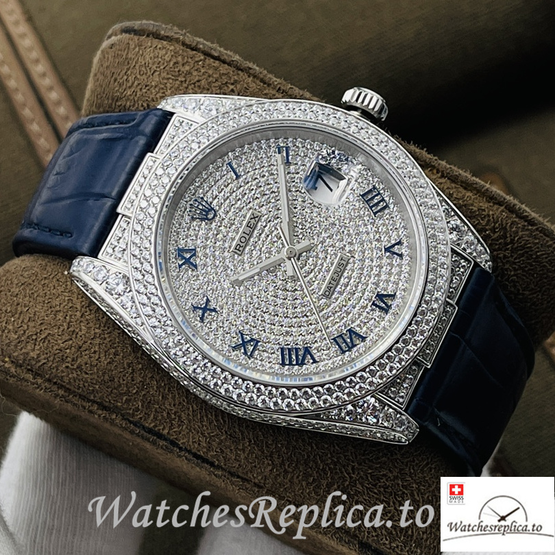 Swiss Rolex Datejust Replica Blue Leather strap 40MM Diamonds Dial - WatchesReplica.is