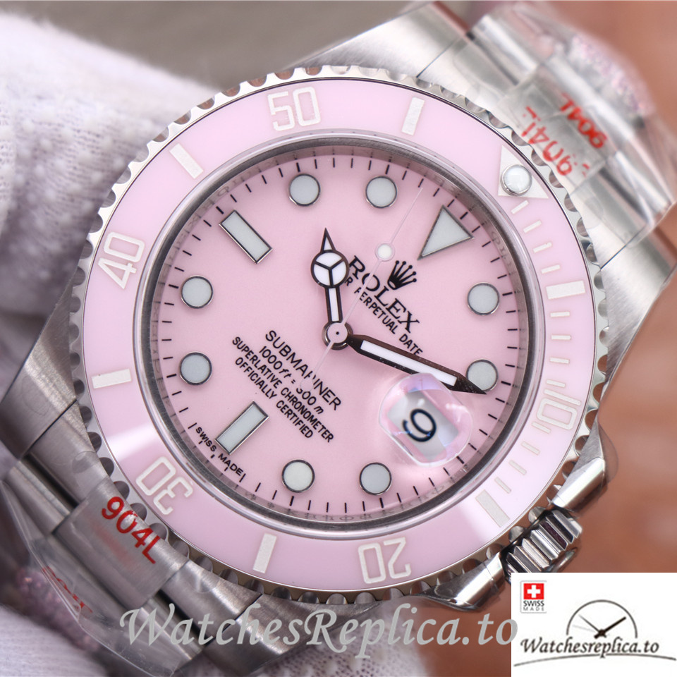 Swiss Rolex Submariner Replica Stainless steel strap 40MM Pink Dial - WatchesReplica.is