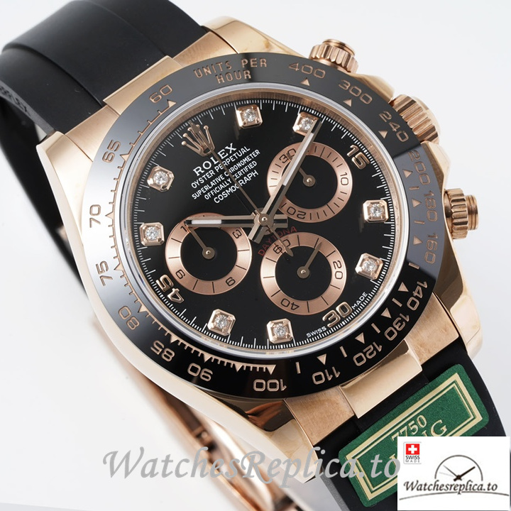 Swiss Rolex Daytona Replica Rubber strap 40MM Black Dial Diamonds Marks - WatchesReplica.is