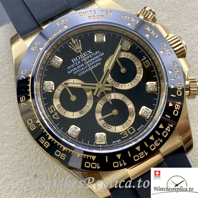 Swiss Rolex Daytona Replica Rubber strap 40MM Diamonds Mareks Yellow Gold Case - WatchesReplica.is