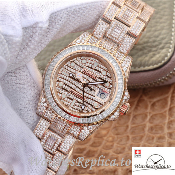 Swiss Rolex GMT-Master Replica 116769TBR-74779B Rose Gold and Diamonds strap 40MM - WatchesReplica.is
