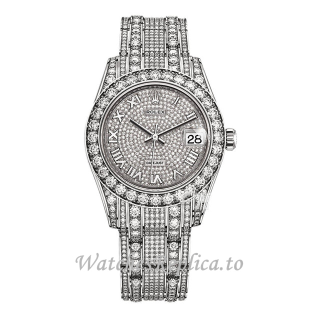 Replica Rolex Pearlmaster m81409rbr-0001 34MM White Gold strap Ladies Watch - WatchesReplica.is