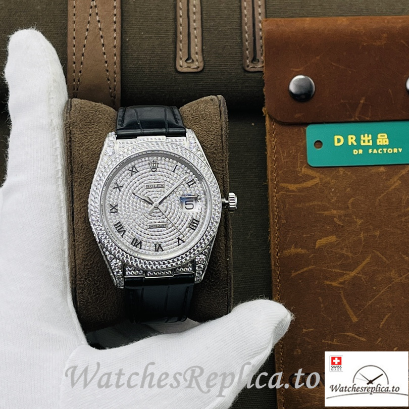 Swiss Rolex Datejust Replica Black Leather strap 40MM Diamonds Dial - WatchesReplica.is