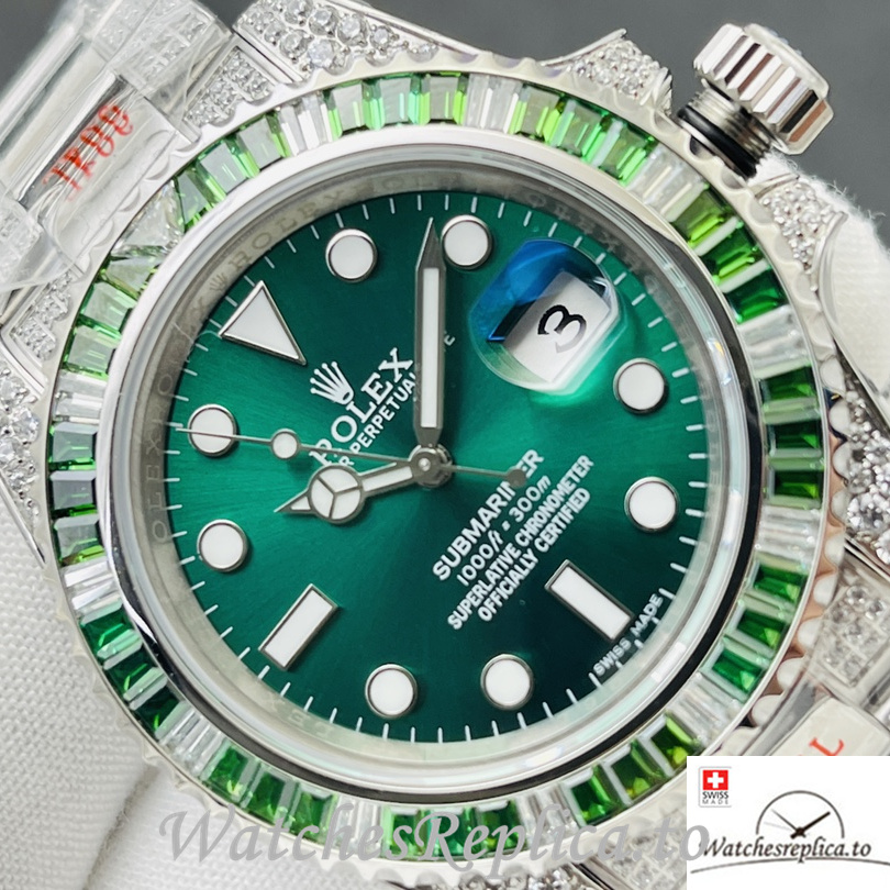 Swiss Rolex Submariner Replica Stainless steel strap 40MM Green Dial Diamonds - WatchesReplica.is