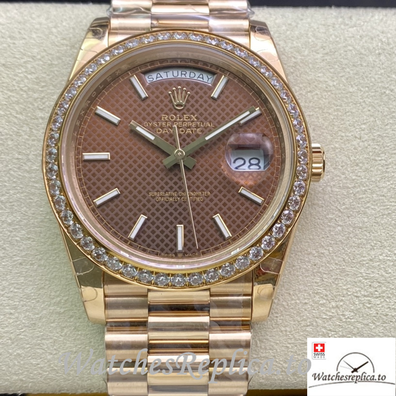 Swiss Rolex Day Date Replica Rose Gold strap 40MM Brown Dial Sticks Marks - WatchesReplica.is