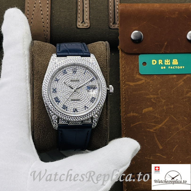 Swiss Rolex Datejust Replica Blue Leather strap 40MM Diamonds Dial - WatchesReplica.is