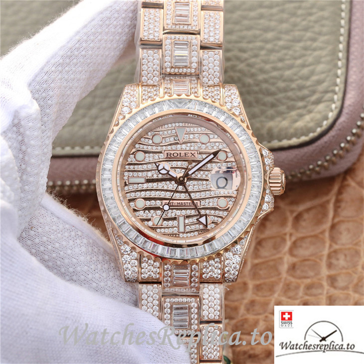 Swiss Rolex GMT-Master Replica 116769TBR-74779B Rose Gold and Diamonds strap 40MM - WatchesReplica.is