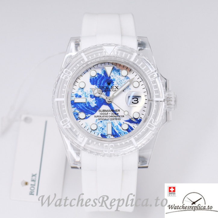 Swiss Rolex Submariner Replica Rubber strap 40MM PHANTOMLAB&ROLEX White and blue Dial - WatchesReplica.is